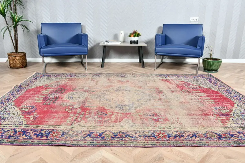 6,3x8,8 ft Teppich, türkischer Vintage Teppich, rot blauer Pflanzen & Bäume Wollteppich - 1