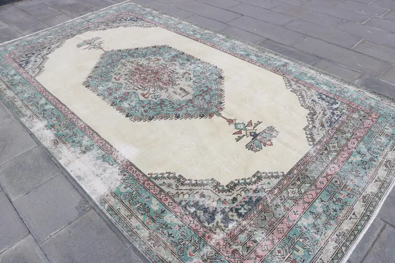 6.2x11.3 ft Oushak Turkish Rug, Blue Vintage Rug Wool - 1