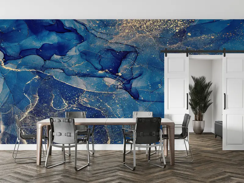 Wall Paper Peel and Stick, Paper Wall Art, Blue And Gold Marble, Bright Wall Paper, Blue Wall Poster, Luxury Marble Mural, - 3
