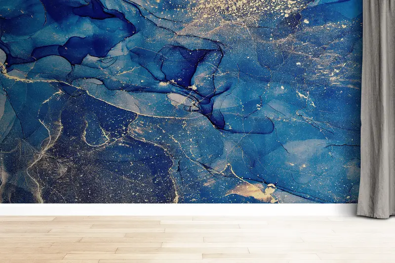 Wall Paper Peel and Stick, Paper Wall Art, Blue And Gold Marble, Bright Wall Paper, Blue Wall Poster, Luxury Marble Mural, - 2