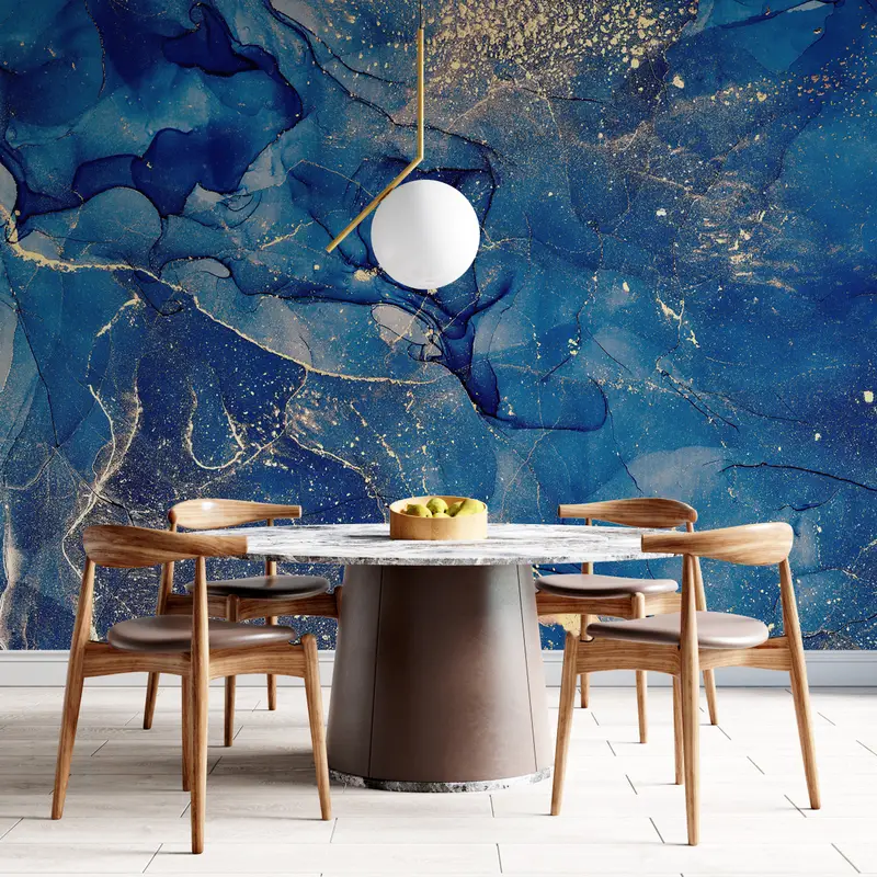Wall Paper Peel and Stick, Paper Wall Art, Blue And Gold Marble, Bright Wall Paper, Blue Wall Poster, Luxury Marble Mural, - 4