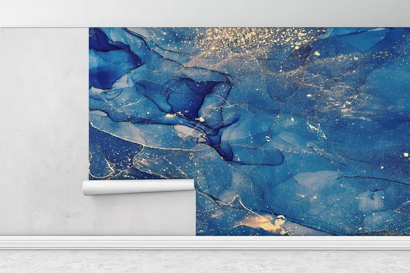 Wall Paper Peel and Stick, Paper Wall Art, Blue And Gold Marble, Bright Wall Paper, Blue Wall Poster, Luxury Marble Mural, - 1