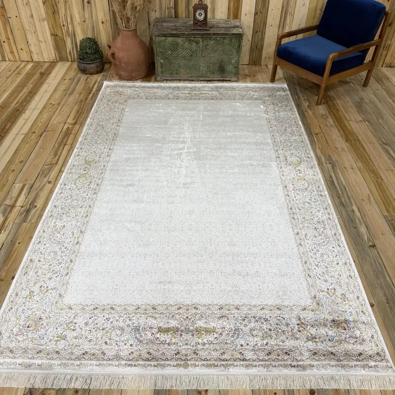Turkish Vintage Rug, 6.3x6.7 ft Large Rug, White Blue Floral Silk Rug - 1