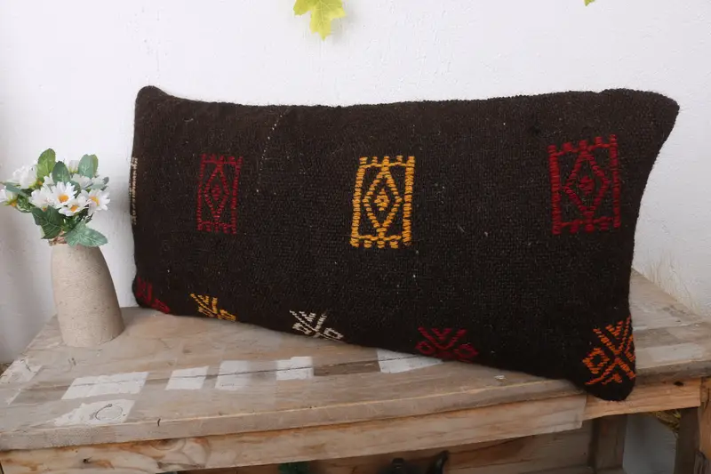 Decorative Throw Cushion Case, Boho Pillow Sham Cover, Vintage Pillow, 12x24 Brown Cushion, Kilim Pillow Cover, Pillow Sham - 4
