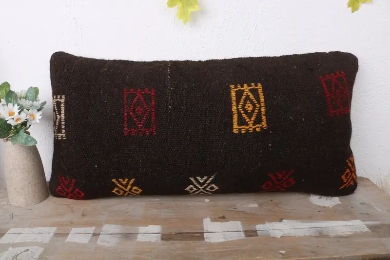 Decorative Throw Cushion Case, Boho Pillow Sham Cover, Vintage Pillow, 12x24 Brown Cushion, Kilim Pillow Cover, Pillow Sham - 2
