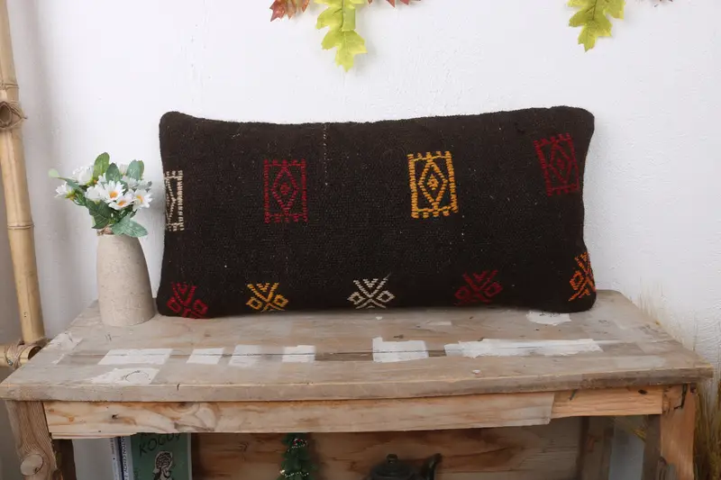 Decorative Throw Cushion Case, Boho Pillow Sham Cover, Vintage Pillow, 12x24 Brown Cushion, Kilim Pillow Cover, Pillow Sham - 1