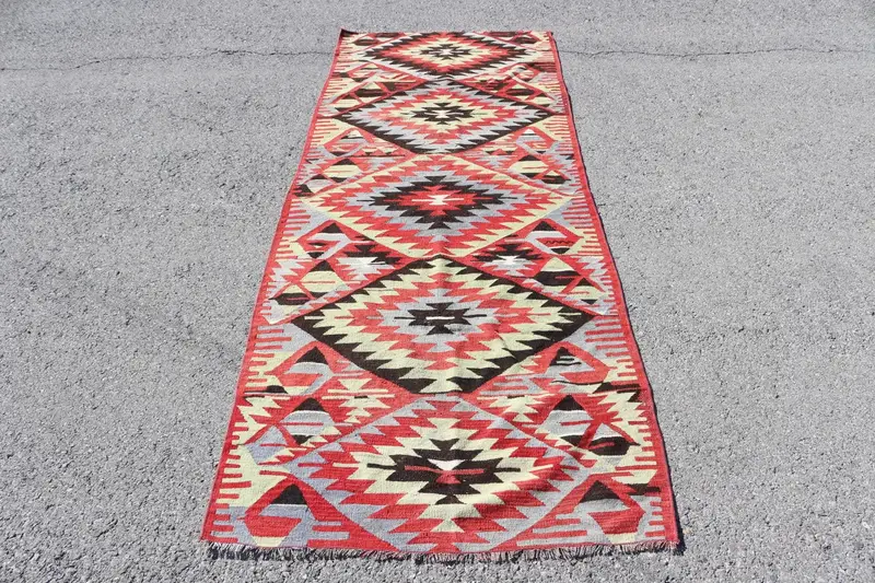 Vintage Turkish Rug, 3.2x8.7 ft Runner Rug, Red Gray Rug - 1