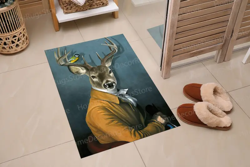 鹿と鳥のデザインが特徴のエレガントなプリントラグ