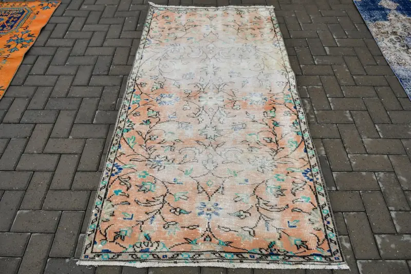 3.4x6.5 ft Vintage Halı, Türk Vurgulu Halı, Mavi Turuncu Çizgili Halı - 1