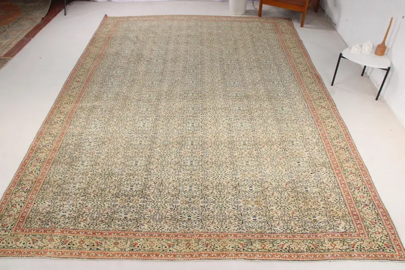 Handmade Beige & Blue Rug, 0.7x12.2 ft Floral & Geometric