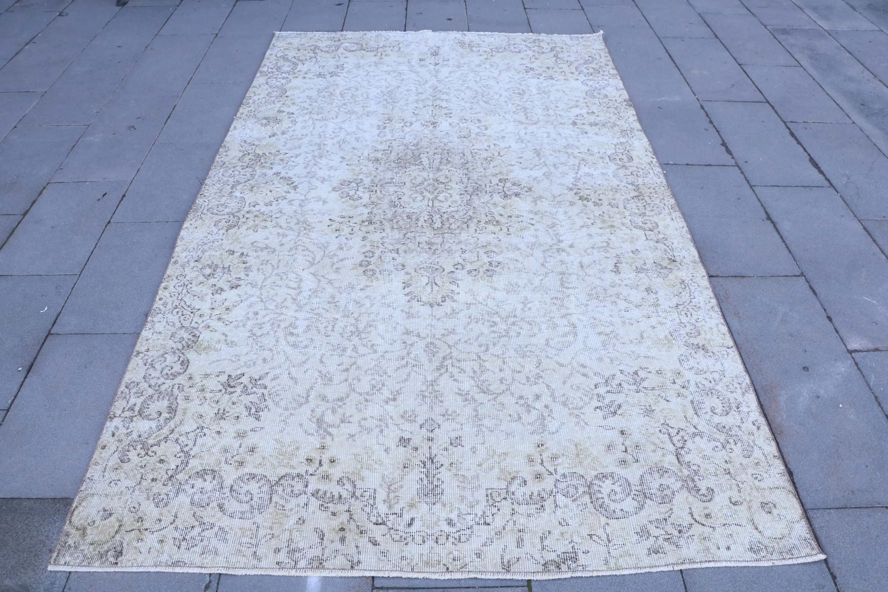 Alfombra vintage de 5,1x8,7 pies, alfombra, lana de alfombra a rayas blancas - 1