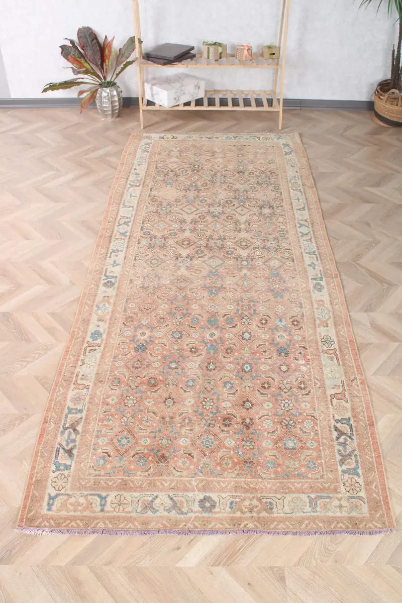 Türk Vintage Halı, 4.1x9.7 ft Oushak Halı, Kahverengi Mavi Hayvan Baskı Yün Halı - 1