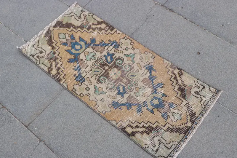 Turkish Vintage Rug 1.3x2.9 ft (40x89 cm), Oushak Blue Brown Oriental Rug - 1