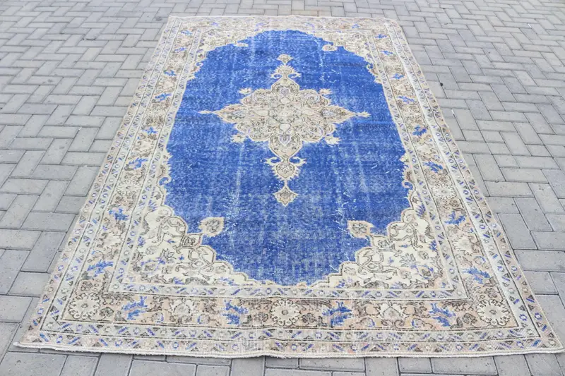 Türk Büyük Halı 5.5x8.7 ft, Mavi Beyaz Kamuflaj Halı Yün - 1