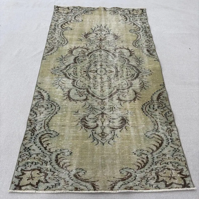 Vintage Turkish Rug, 4x7.4 ft Oushak Rug, Green Area Oriental Rug - 1