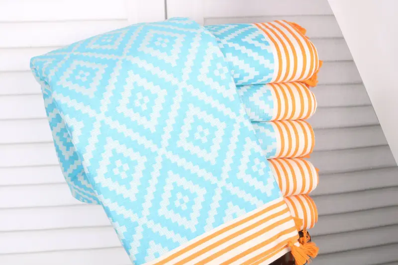 Kilim Towel Turquoise Cotton, Housewarming Gift, 40x71 Inches