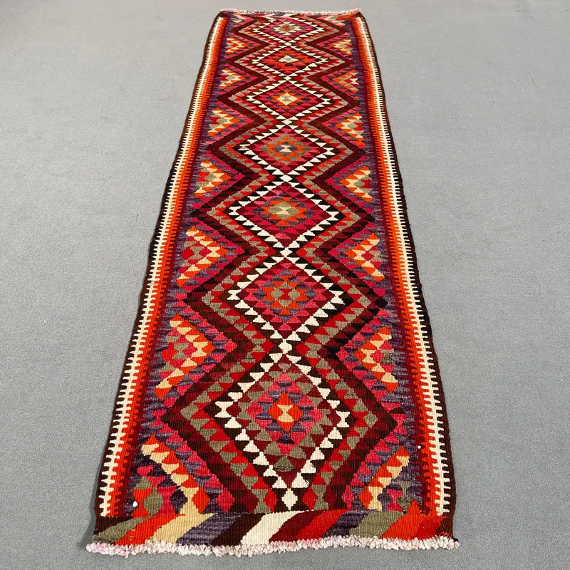 Mor, Turuncu Halı 2,9x10,3 ft, Geometrik Çiçek Motifleri