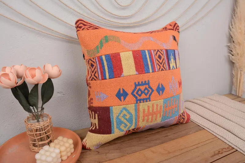 Geometrisches Kissen in Orange und Bronze, handgefertigtes Vintage-Kissen