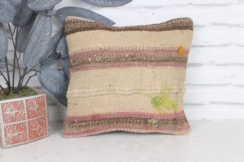Interior Designer Pillow, Bolster Pillow Case, Vintage Kilim Throw Pillow, 12x12 Beige Cushion Case, Pillow Case, Kilim Pillow - 1