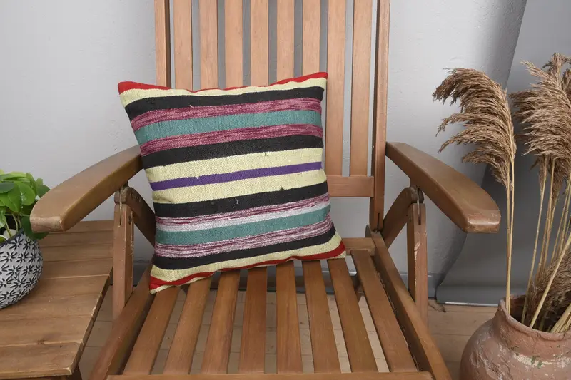 Kilim Cushion Sham, 16x16 Green Cushion Cover, Pillow Case, Decorative Bolster Pillow Sham, Kilim Pillow, Authentic Cushion Case, Antique Pillows - 1