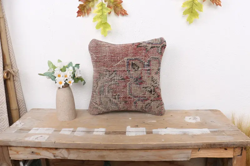 Boho Pillow Sham Cover, Interior Designer Pillow, 12x12 Red Cushion Cover, Cushion, Nomadic Pillow, Vintage Kilim Throw Pillow, Retro Throw Pillow - 1