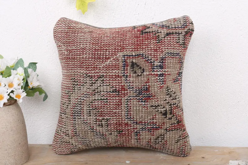 Boho Pillow Sham Cover, Interior Designer Pillow, 12x12 Red Cushion Cover, Cushion, Nomadic Pillow, Vintage Kilim Throw Pillow, Retro Throw Pillow - 2