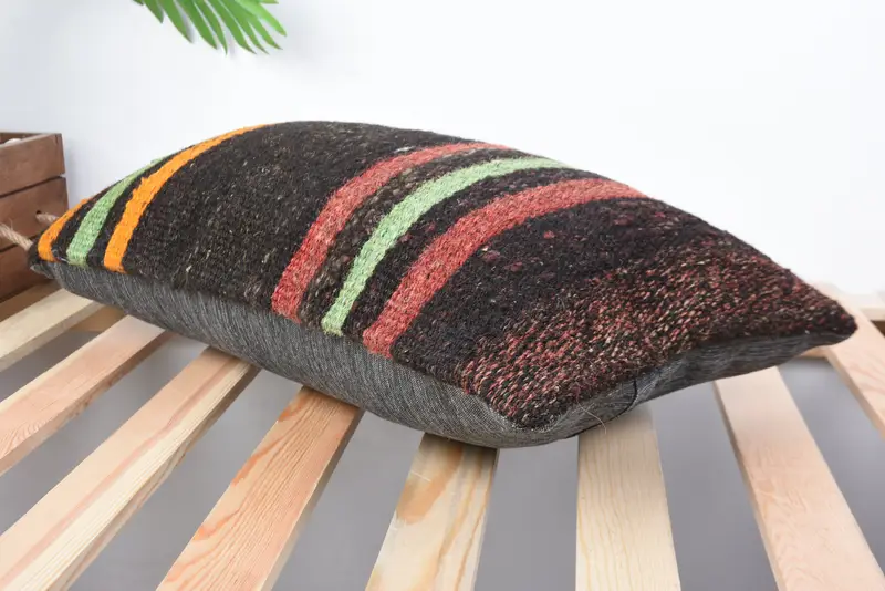 Bright Pillow, Cushion Case, Handmade Kilim Cushion, Ethnical Kilim Rug Pillow, 12x20 Brown Pillow, Wool Kilim Pillow Cushion Cover, Vintage Pillow - 6