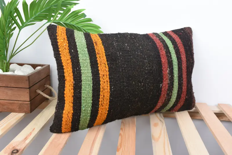 Bright Pillow, Cushion Case, Handmade Kilim Cushion, Ethnical Kilim Rug Pillow, 12x20 Brown Pillow, Wool Kilim Pillow Cushion Cover, Vintage Pillow - 4