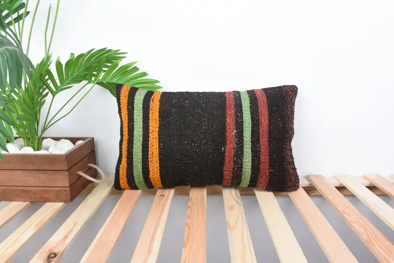 Bright Pillow, Cushion Case, Handmade Kilim Cushion, Ethnical Kilim Rug Pillow, 12x20 Brown Pillow, Wool Kilim Pillow Cushion Cover, Vintage Pillow - 1