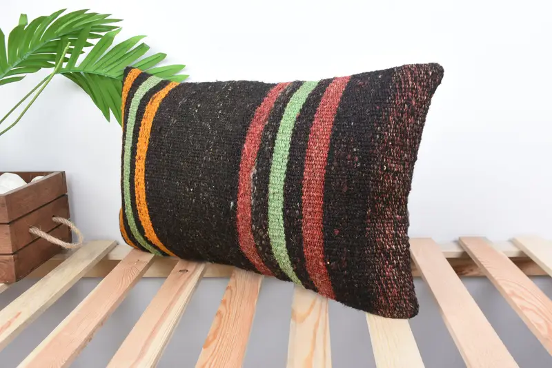 Bright Pillow, Cushion Case, Handmade Kilim Cushion, Ethnical Kilim Rug Pillow, 12x20 Brown Pillow, Wool Kilim Pillow Cushion Cover, Vintage Pillow - 5
