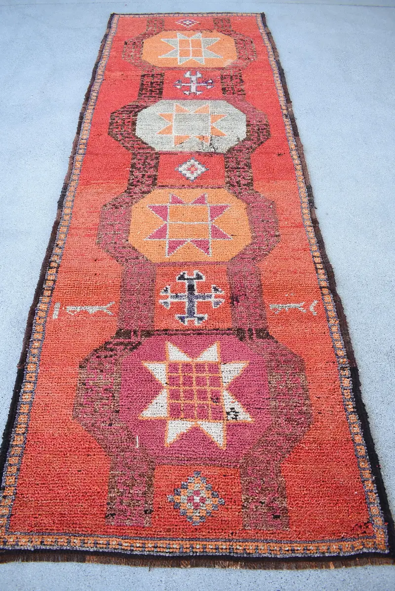 Alfombra turca vintage, alfombra Herki de 3,2x10,1 pies, alfombra naranja roja - 1