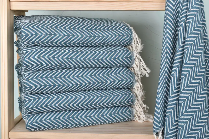 Petrol Blue Chevron Beach Towel Organic Cotton/Linen, 40x71 Inches