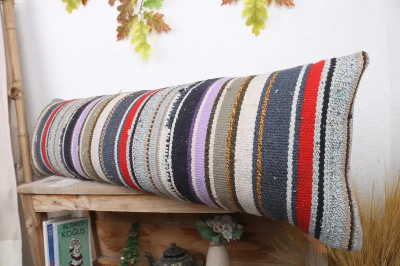 Boho Pillow Sham Cover, Vintage Pillow, Cushion Case, Neutral Throw Cushion, Kilim Cushion Sham, Colorful Cushion, 12x43 Blue Cushion - 4