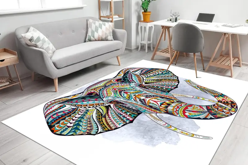 Alfombra moderna con estampado de elefantes coloridos: decoración étnica de safari