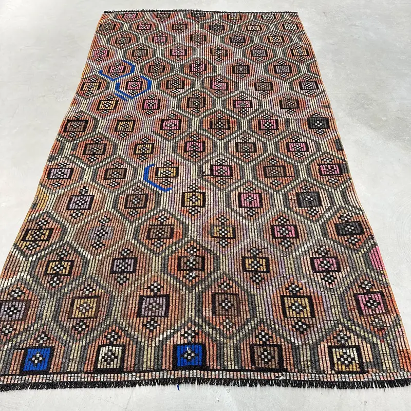 Turuncu ve Bej Halı, 4,6x8,3 ft Geometrik Çiçek Desenli