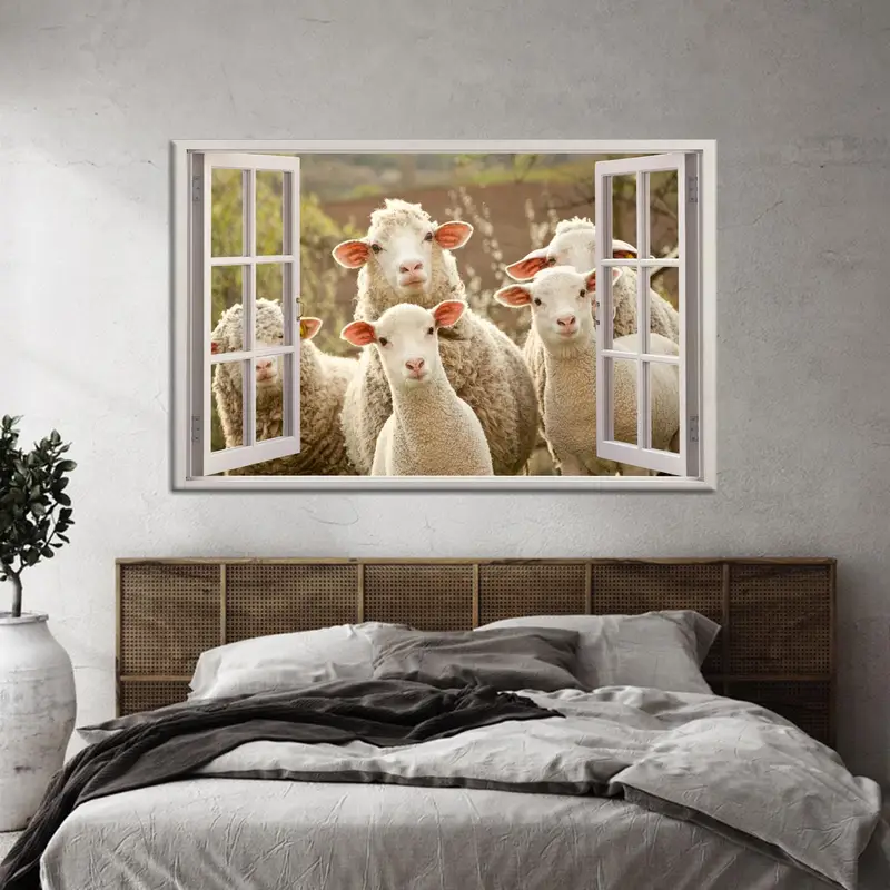 海岸の羊の窓の風景キャンバスプリント - 農家の装飾