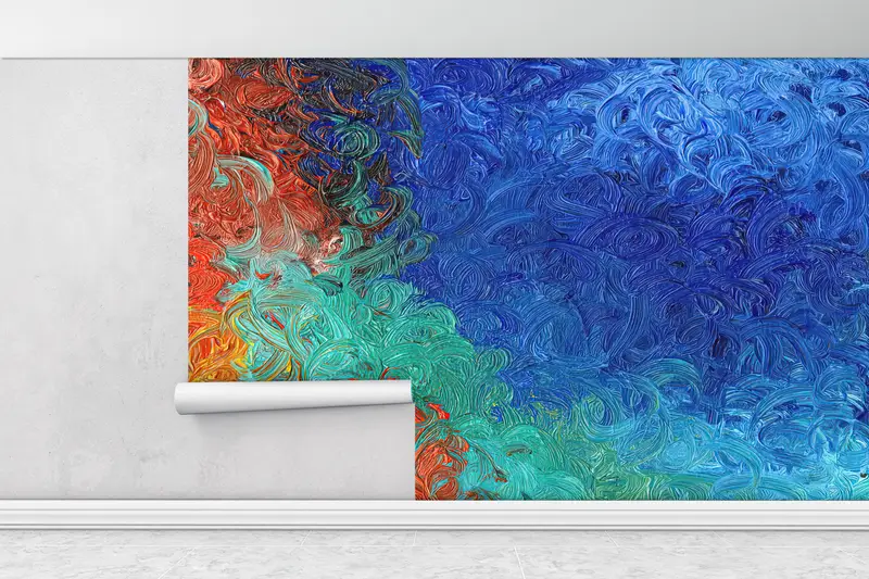 Colorful Painting, Acyrlic Mural, Contemporary Wall Paper, Colorful Wallpaper, Modern Mural, Abstract Wall Paper, Blue Wall Print, - 1