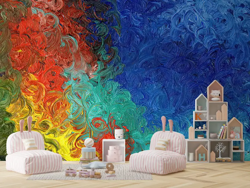 Colorful Painting, Acyrlic Mural, Contemporary Wall Paper, Colorful Wallpaper, Modern Mural, Abstract Wall Paper, Blue Wall Print, - 7