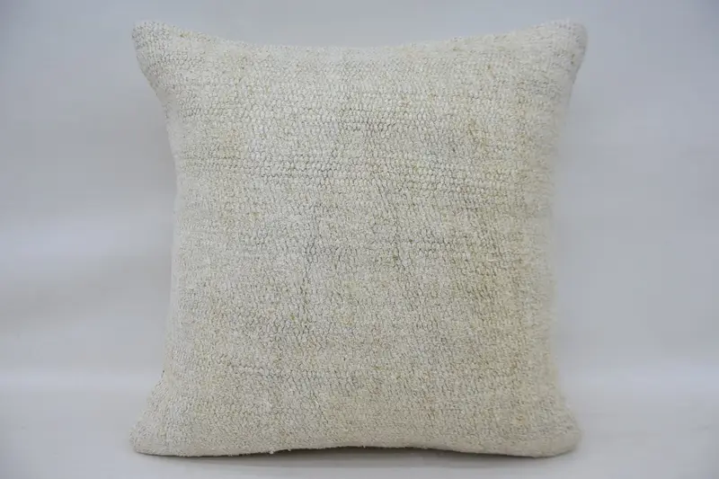 Turkish Minimalist Square Cushion Cover, 16x16 inch DesignerWhite Moroccan Wool Pillow Sham - 1