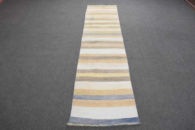Alfombra turca de 1,9x8,5 pies, alfombra abstracta blanca vintage - 1