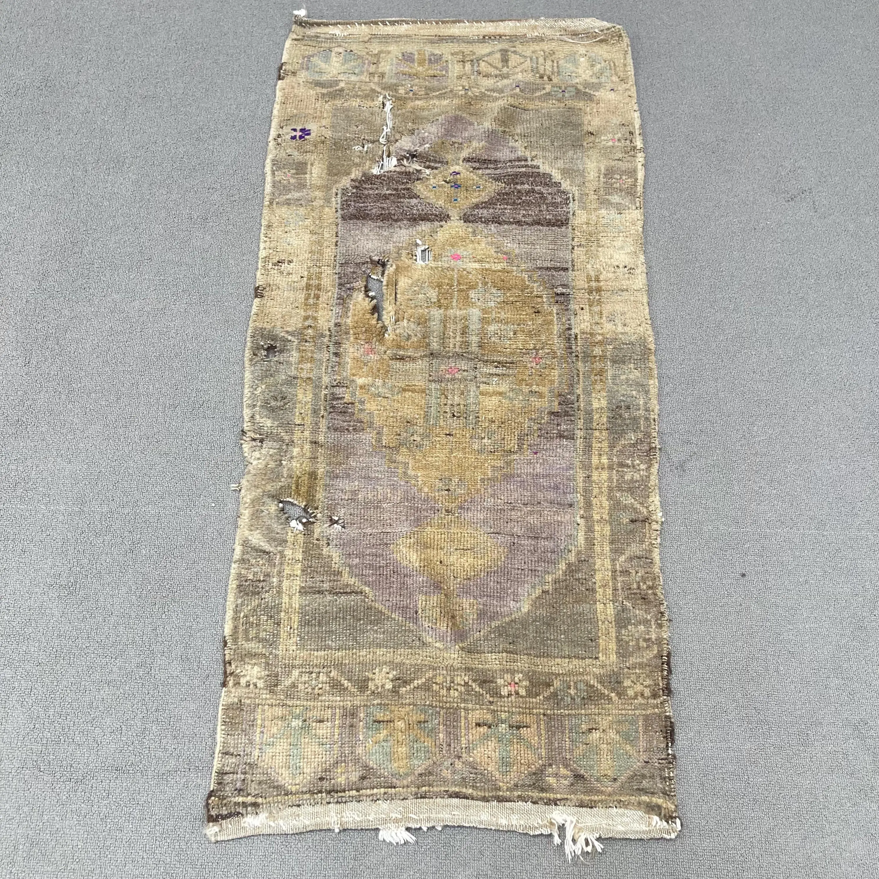 1.6x3.8 ft Vintage Small Rug, Brown Blue Turkish Camouflage Wool Rug - 1
