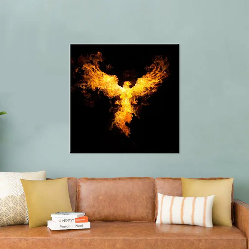 Moderner abstrakter Feuervogel-Leinwanddruck in Schwarz und Orange