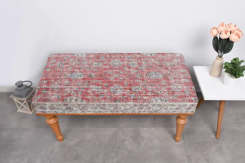 Bohemian Red Ottoman with Gray Accents, Versatile Sofa Ottoman