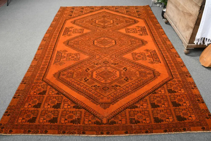 鮮やかな6.4x9.4フィートのラグ、花柄&幾何学模様のオレンジ&ブラウン