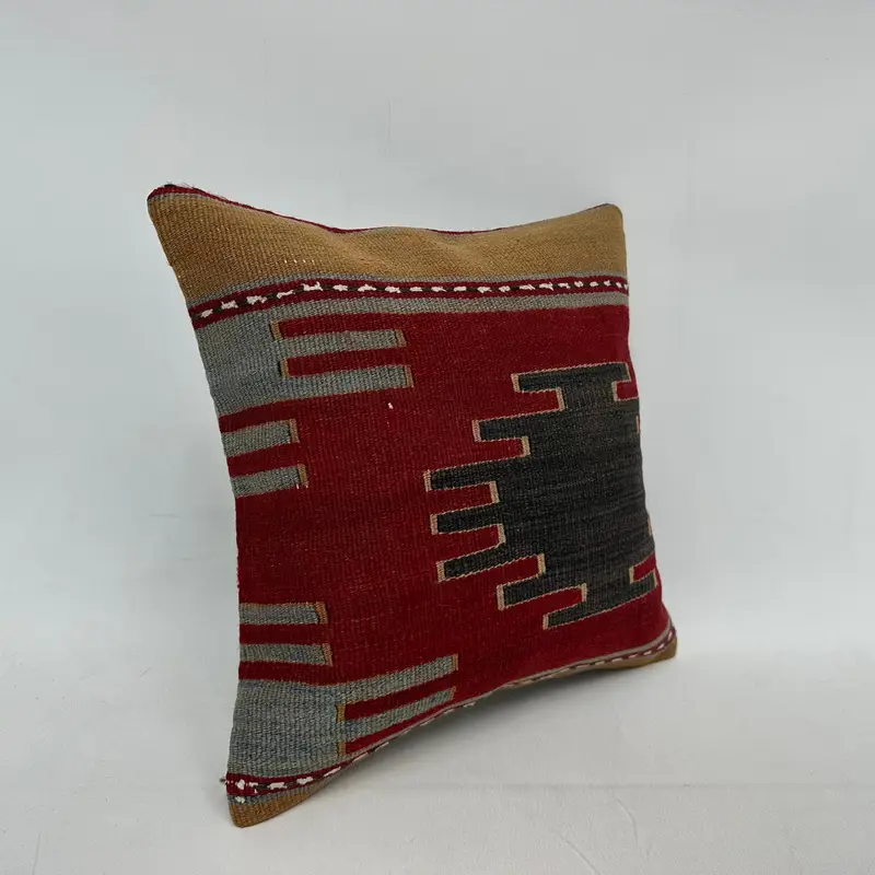 Ethnic Pillow Cover, Turkish Pillow, Pillow Case, Ethnic Pillow, Turkish Kilim Pillow, 16x16 Red Cushion, Vintage Kilim Pillow - 2