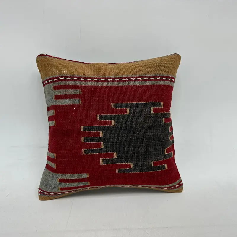 Ethnic Pillow Cover, Turkish Pillow, Pillow Case, Ethnic Pillow, Turkish Kilim Pillow, 16x16 Red Cushion, Vintage Kilim Pillow - 1