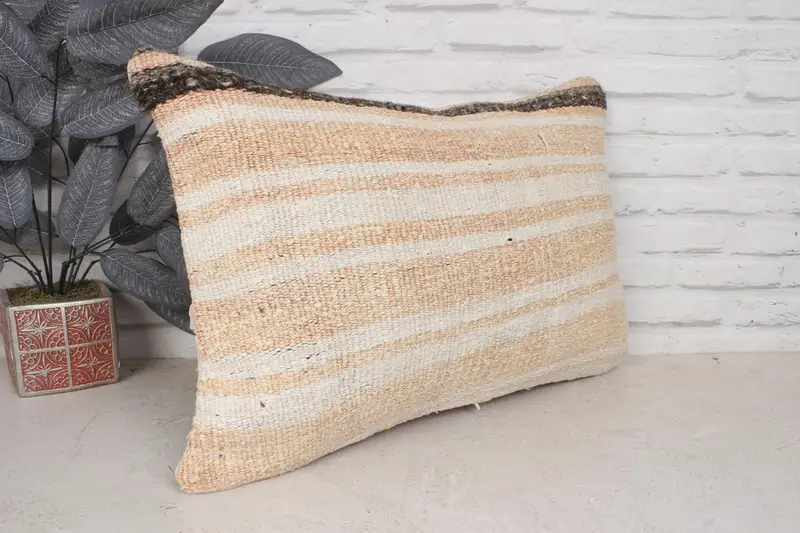Cushion, Handmade Kilim Cushion, 16x24 Beige Cushion Cover, Antique Pillows, Boho Pillow Sham Cover, Muted Cushion, Crochet Pattern Pillow Cover - 3