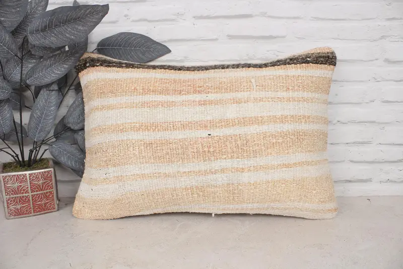 Cushion, Handmade Kilim Cushion, 16x24 Beige Cushion Cover, Antique Pillows, Boho Pillow Sham Cover, Muted Cushion, Crochet Pattern Pillow Cover - 1