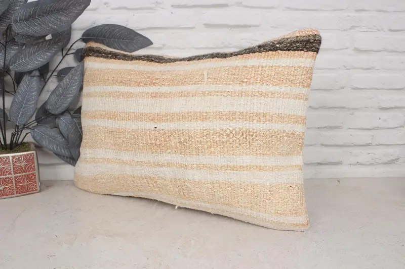 Cushion, Handmade Kilim Cushion, 16x24 Beige Cushion Cover, Antique Pillows, Boho Pillow Sham Cover, Muted Cushion, Crochet Pattern Pillow Cover - 4