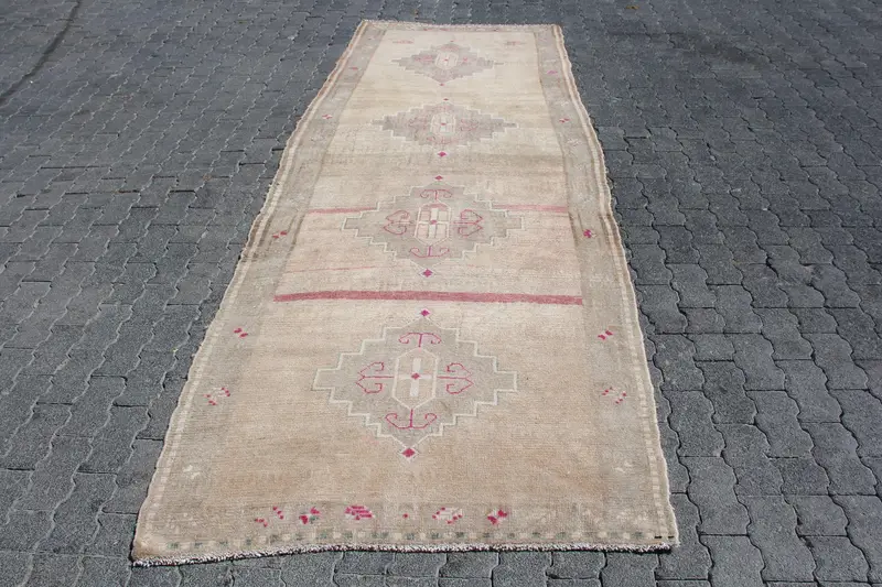 3.9x10.7 ft Rug, Runner Turkish Rug, Brown Oushak Camouflage Rug - 1